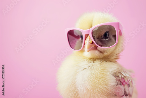 A charming yellow chick wearing oversized pink sunglasses, with a pink background.