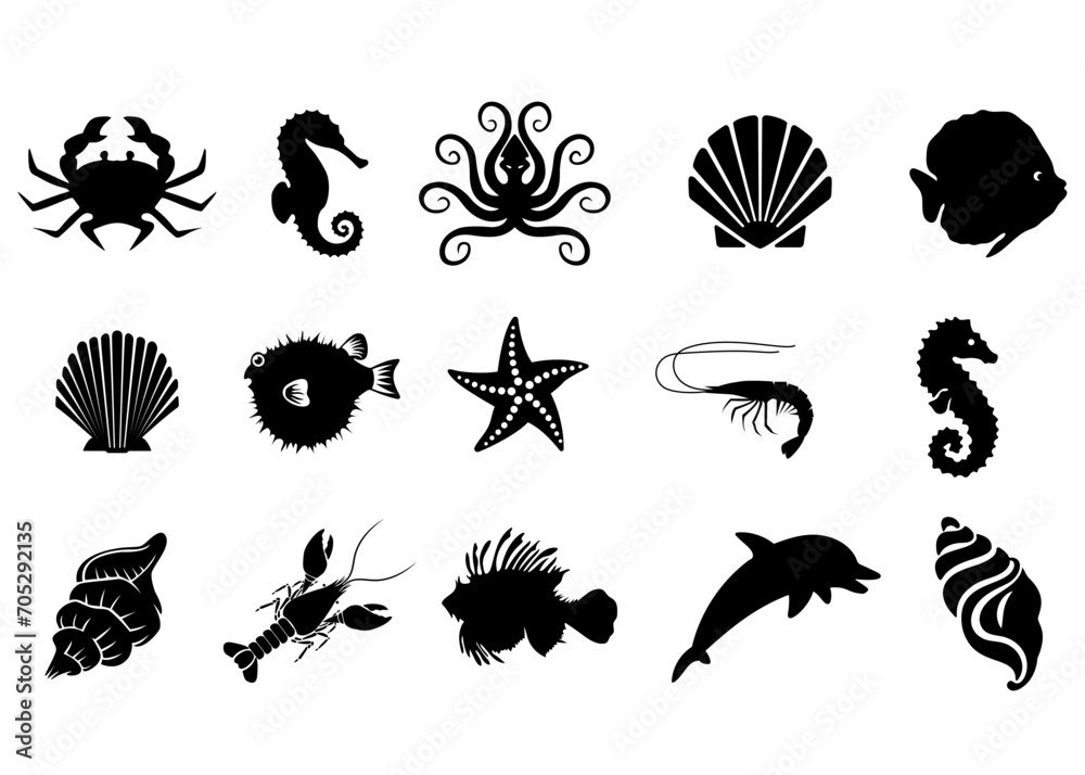 Obraz premium marine life. sea life animals, aquatic animal silhouette vector illustration isolated on white