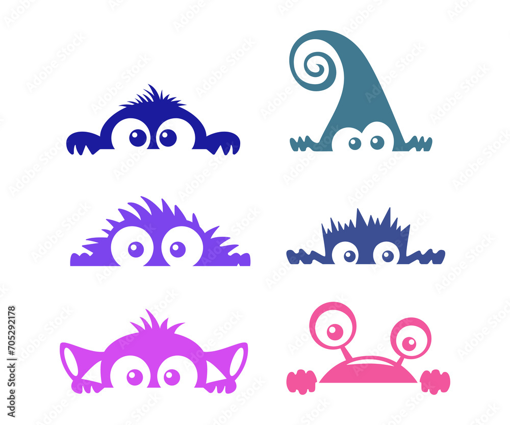 Obraz premium Set of funny cartoon monsters hanging on the wall. vector illustration isolated on white background