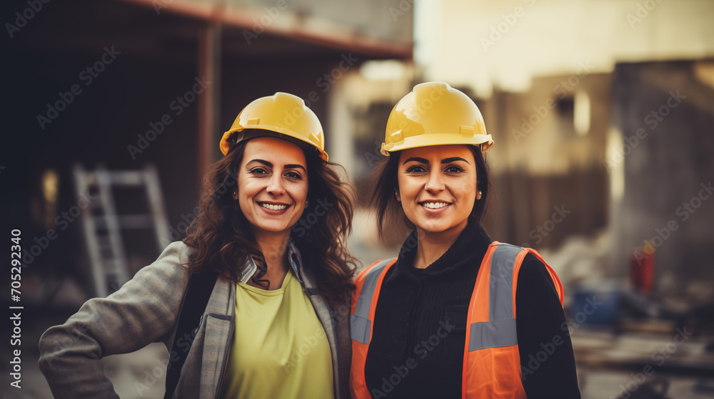 Two smiling women in hard hats and reflective vests at a construction site.