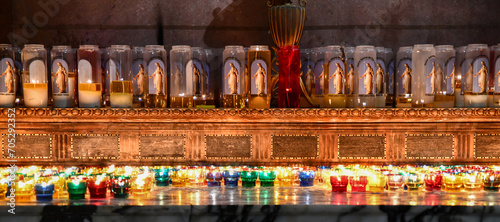 rows of prayer candles burning in the church cathedral