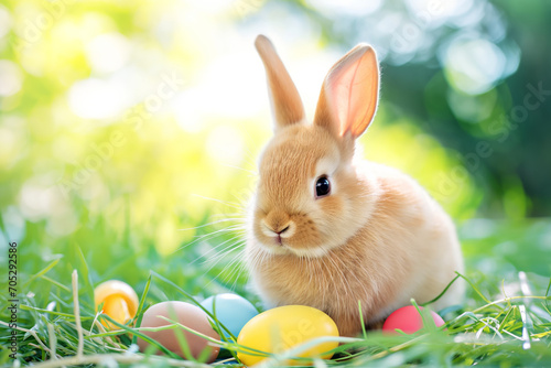 A cute brown bunny among multi-colored Easter eggs on a grassy field with a sunlit background.