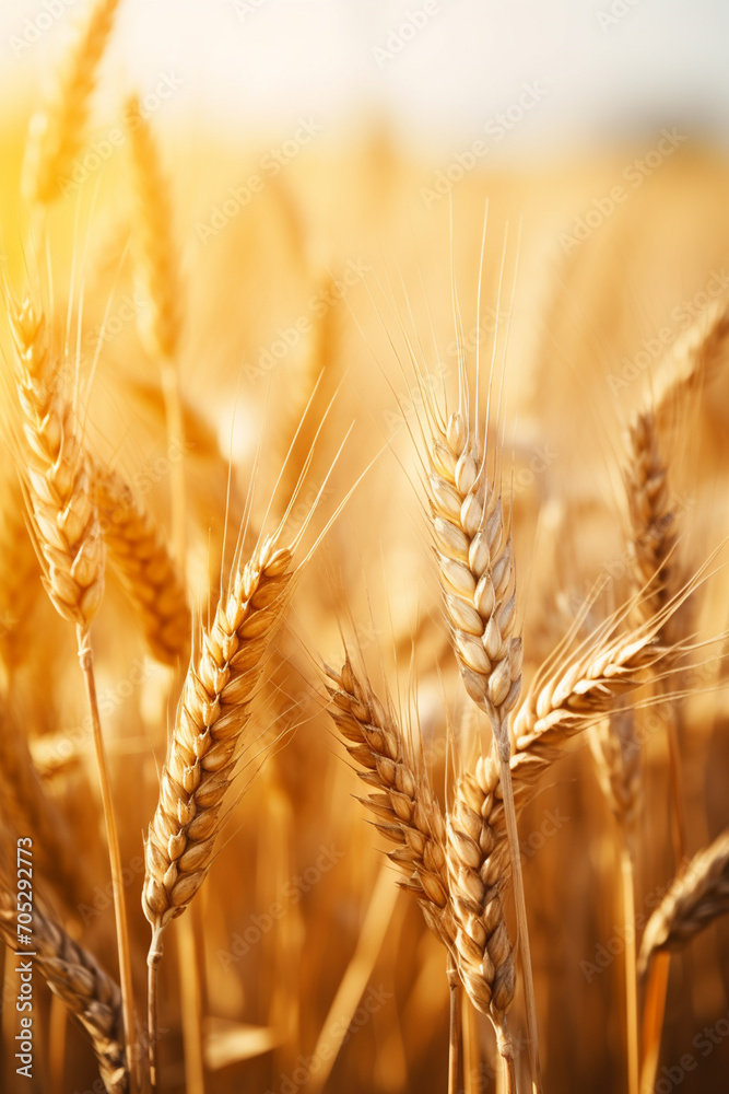 Close up of wheat ears, field of wheat in a summer day.Generative AI Close up of wheat ears, field of wheat in a summer day.Generative AI