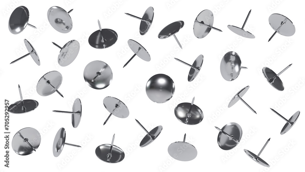 Φωτογραφία Falling metal push pins isolated on transparent and white background