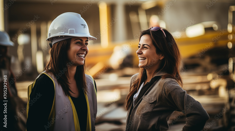 Two women with hard hats and reflective vests, laughing and enjoying a conversation on a construction site.
