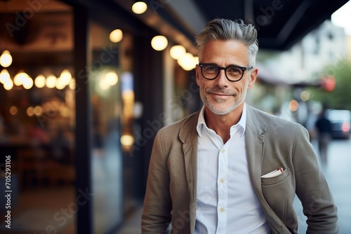 Portrait of handsome senior businessman in eyeglasses standing in the street