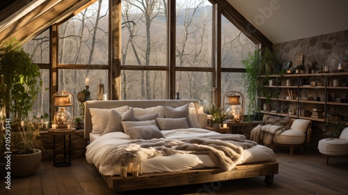 Modern rustic bedroom with a stunning view © duyina1990