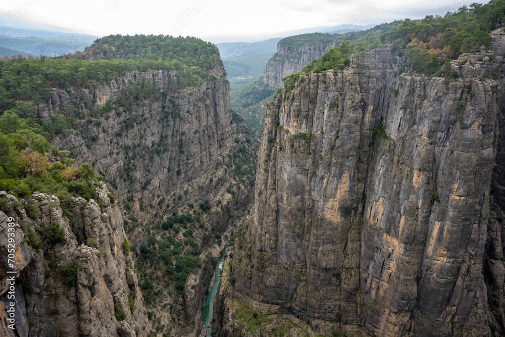 Fototapeta premium Panorama landscape of Tazı Kanyonu (aka Eagles Canyon, Tazi Canyon) and Bilgelik Vadisi (aka Wisdom Valley). Located in Köprülü Canyon National Park, Antalya, Turkey