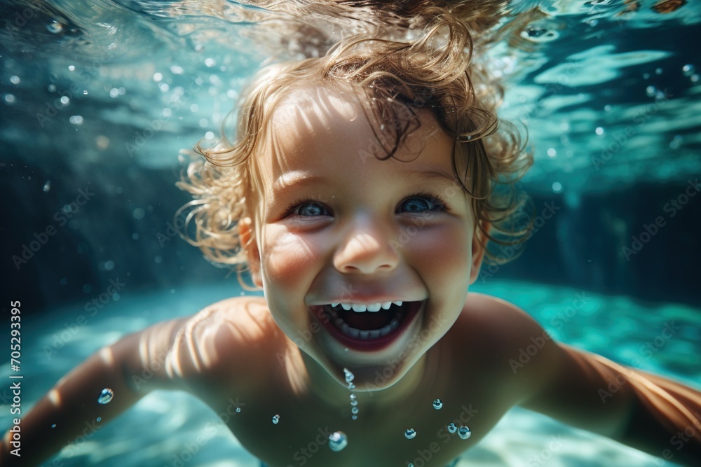 Ecstatic Kid Having Fun Swimming Underwater