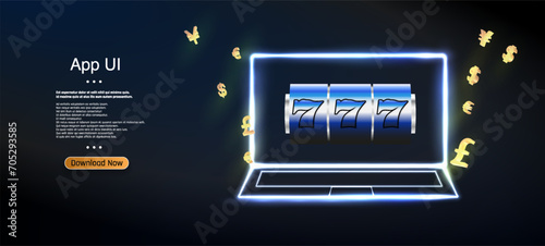 Engaging Casino App UI Display with Vibrant Colors, Showcasing a Winning Spin on Slot Machine, Surrounded by Flying Currency Symbols - Perfect for Online Gambling and Betting Platforms
