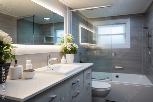 Modern bathroom interior with white bathtub and gray tiles