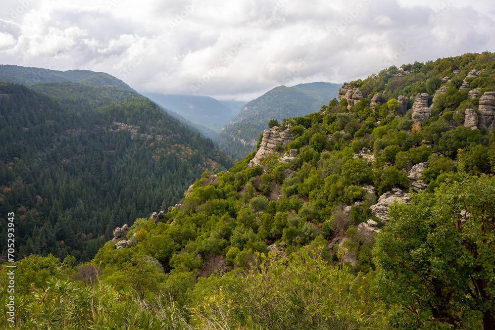 Panorama landscape of Tazı Kanyonu (aka Eagles Canyon, Tazi Canyon) and Bilgelik Vadisi (aka Wisdom Valley). Located in Köprülü Canyon National Park, Antalya, Turkey