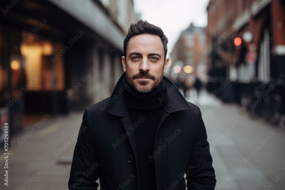 Portrait of a handsome bearded man in a black coat on the street