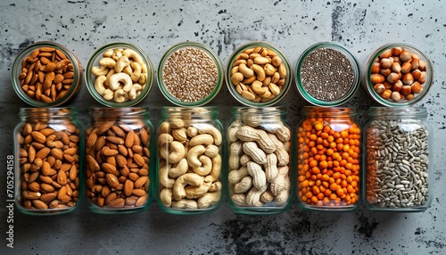 Different kinds of almonds, cashews, peanuts, hazelnuts, chia nuts and seeds, sunflower seeds and pumpkin in glass jars on a concrete background, Collage of different nuts in rows, top view photo