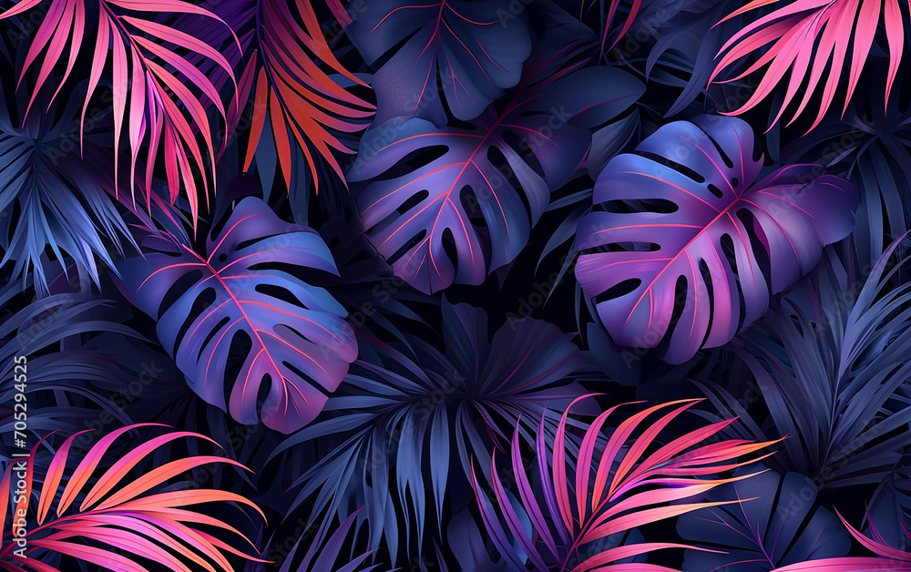 Folhas de palmeira fluorescentes exóticas e padrão sem emenda de textura de leopardo - obrazy, fototapety, plakaty 