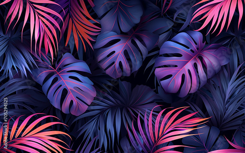 Folhas de palmeira fluorescentes exóticas e padrão sem emenda de textura de leopardo photo