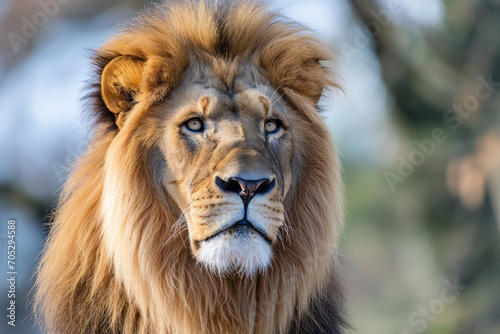 A majestic lion with a full mane looking intently, set against a soft-focus natural background.