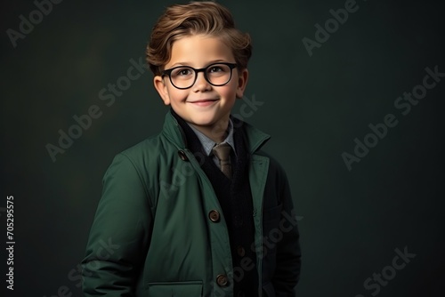 Portrait of a cute little boy in a coat and glasses. Studio shot.