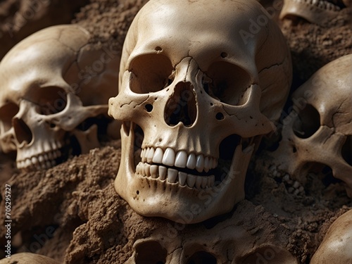 Skull and bones, human remains in the sand.