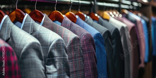 Men's suits on hangers in a store