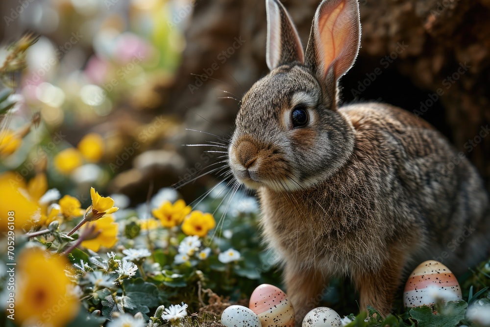 Fototapeta premium Spring Forest: Rabbit, Easter Eggs and Bright Spring Flowers