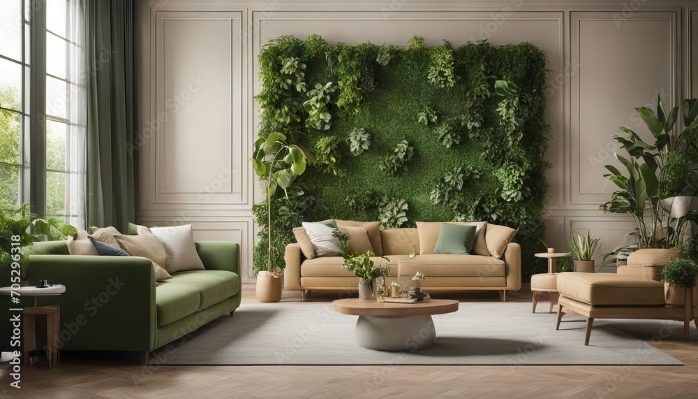 Green Living Room With Vertical Garden House Plants Beige Color Sofa And Parquet Floor stock photoHome Interior Living Room Office Environmental Conservation