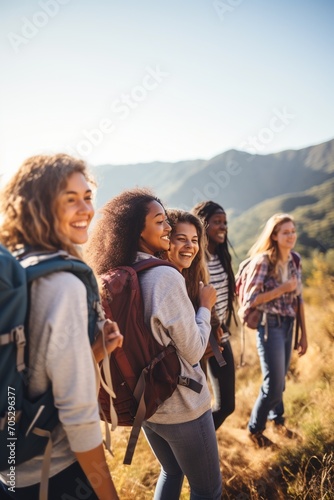 carefree women friends hiking in nature