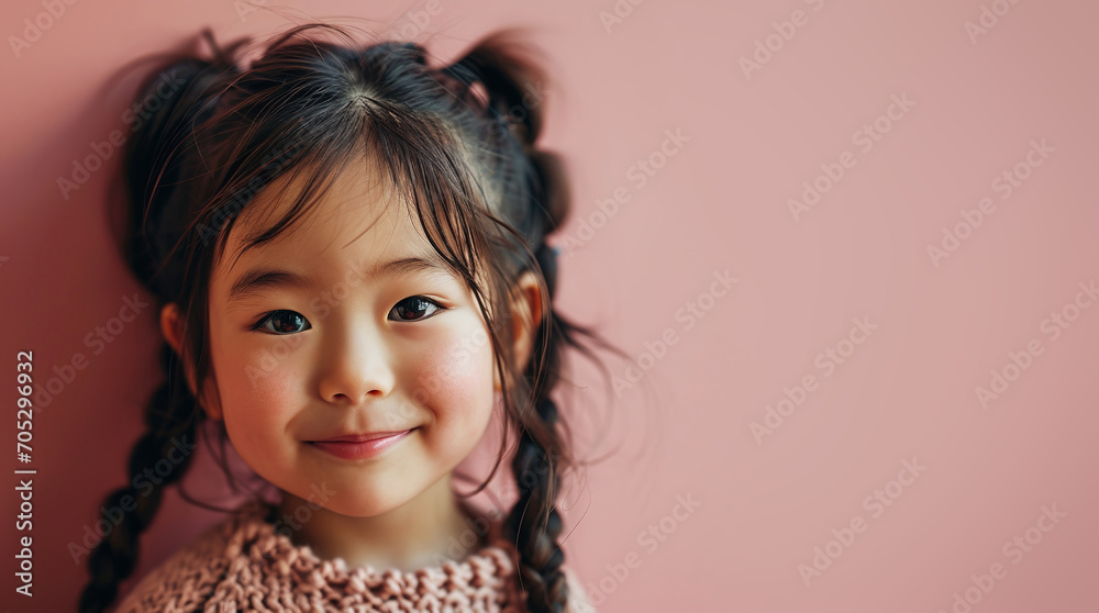 happy cute little asian brunette girl with pigtails on pink background, closeup smiling face happy cute little asian brunette girl with pigtails on pink background, closeup smiling face