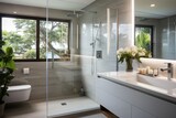 Modern bathroom with large glass shower and white vanity