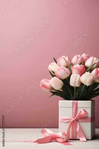 Gift box and tulips on pastel background for Mother's Day, Valentine's Day, Women's Day