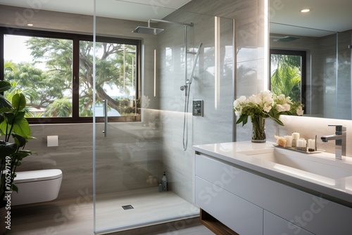 Modern bathroom with large glass shower and white vanity