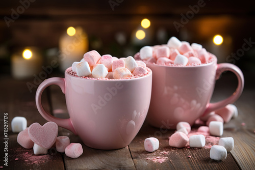 closeup of two pink cups of cocoa with marshmallows on a wooden table