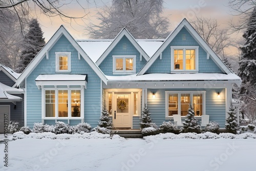 Nice cozy family blue country house covered with snow. real estate concept photo