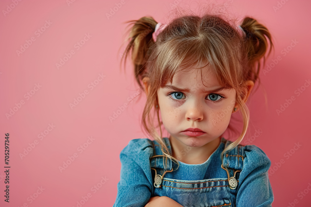 portrait of cute sad offended little blonde girl with two ponytails on flat pink background portrait of cute sad offended little blonde girl with two ponytails on flat pink background