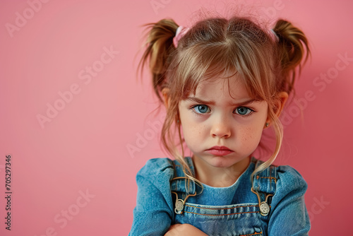 portrait of cute sad offended little blonde girl with two ponytails on flat pink background photo