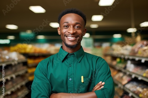 Portrait of a happy African American grocery store employee