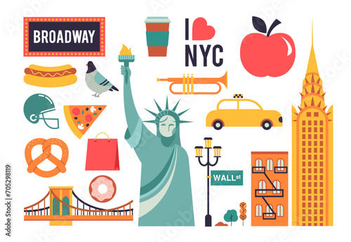 New York City, USA collection of icons and graphic elements. Geometrical modern style concept illustrations