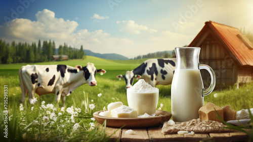 cow dairy products on the farm background.Generative AI