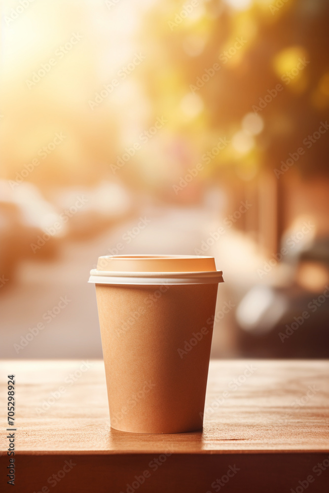Mockup with a lid. A set of paper cups for coffee or tea on the background of nature.Generative AI Mockup with a lid. A set of paper cups for coffee or tea on the background of nature.Generative AI