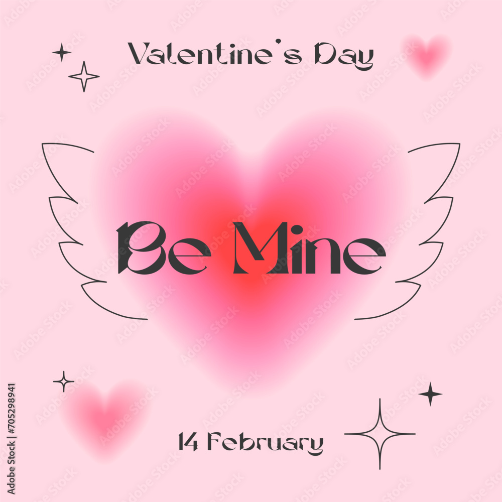 Valentines Day greeting card template in 90s style.Romantic vector illustrations in y2k aesthetic with linear shapes,blurred hearts,wings,sparkles.Modern design for smm,invitations,prints,promo offers