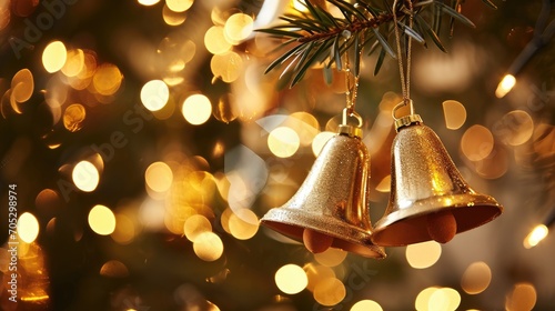 Golden bells create a festive mood on a Christmas tree decorated with a garland