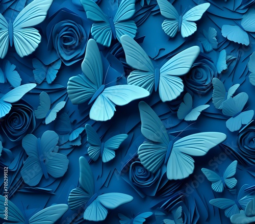 3D, butterflies, flat background, layered forms, paper quilling, masterpiece, trending on Artstation and Dribbble, blue color pallette aesthethic, seamless wallpaper,