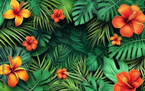 Fundo colorido tropical de verão com plantas exóticas de folhas de palmeira e fundo tropical tucano 