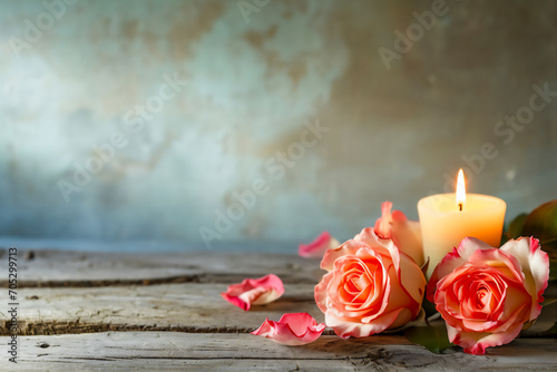 Valentine's Day concept with roses on wooden table background with blank space.