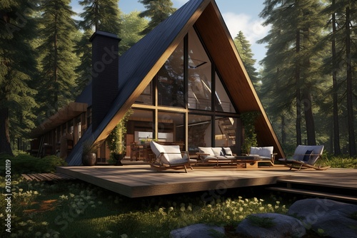 Modern A-frame cabin in the woods with large glass windows