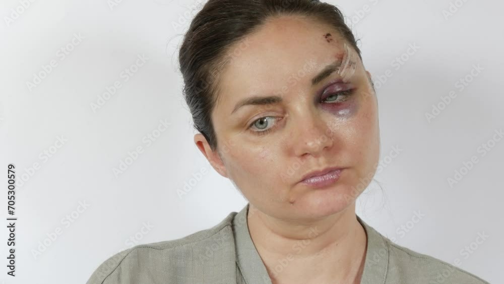 Large real bruise hematoma under the eye of a young woman, fresh purple bruise and scratches on the forehead from a blow. terrified face of domestic violence victim close-up white background. Large real bruise hematoma under the eye of a young woman, fresh purple bruise and scratches on the forehead from a blow. terrified face of domestic violence victim close-up white background.