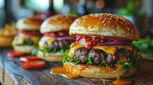 Gros plan sur un hamburger avec viande, fromage et légumes. Servi avec frites. Alimentation, fast food, nourriture. Pour conception et création graphique. photo