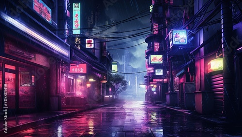 City street in cyberpunk style with neon lights and rain photo