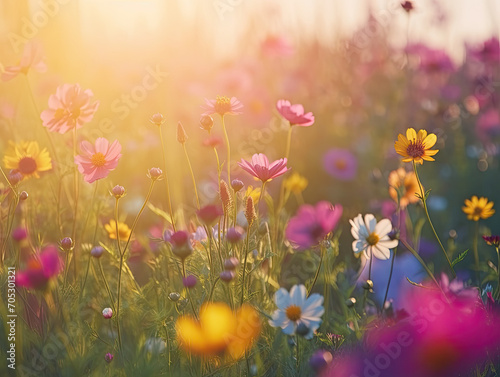 blooming flower field in sunlight