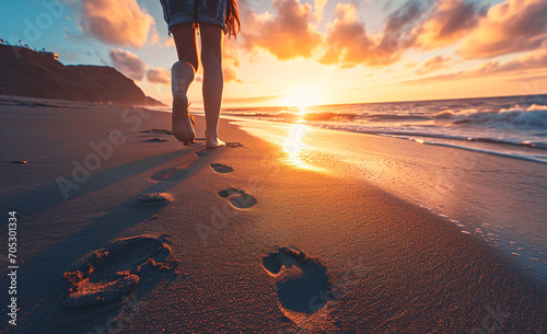 Man walking by the sea at dawn enjoying freedom and life, people travel wellness concept photo